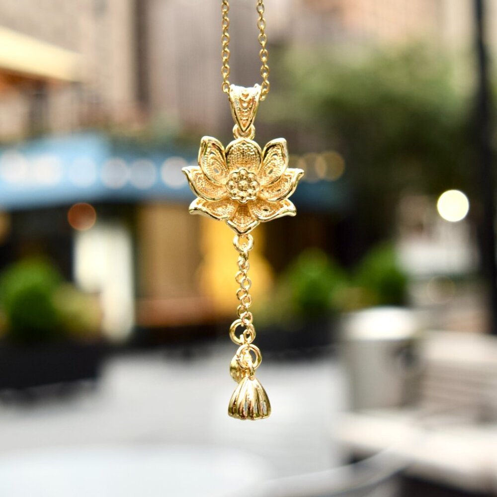 Golden Lotus Charm Necklace - Stainless Steel